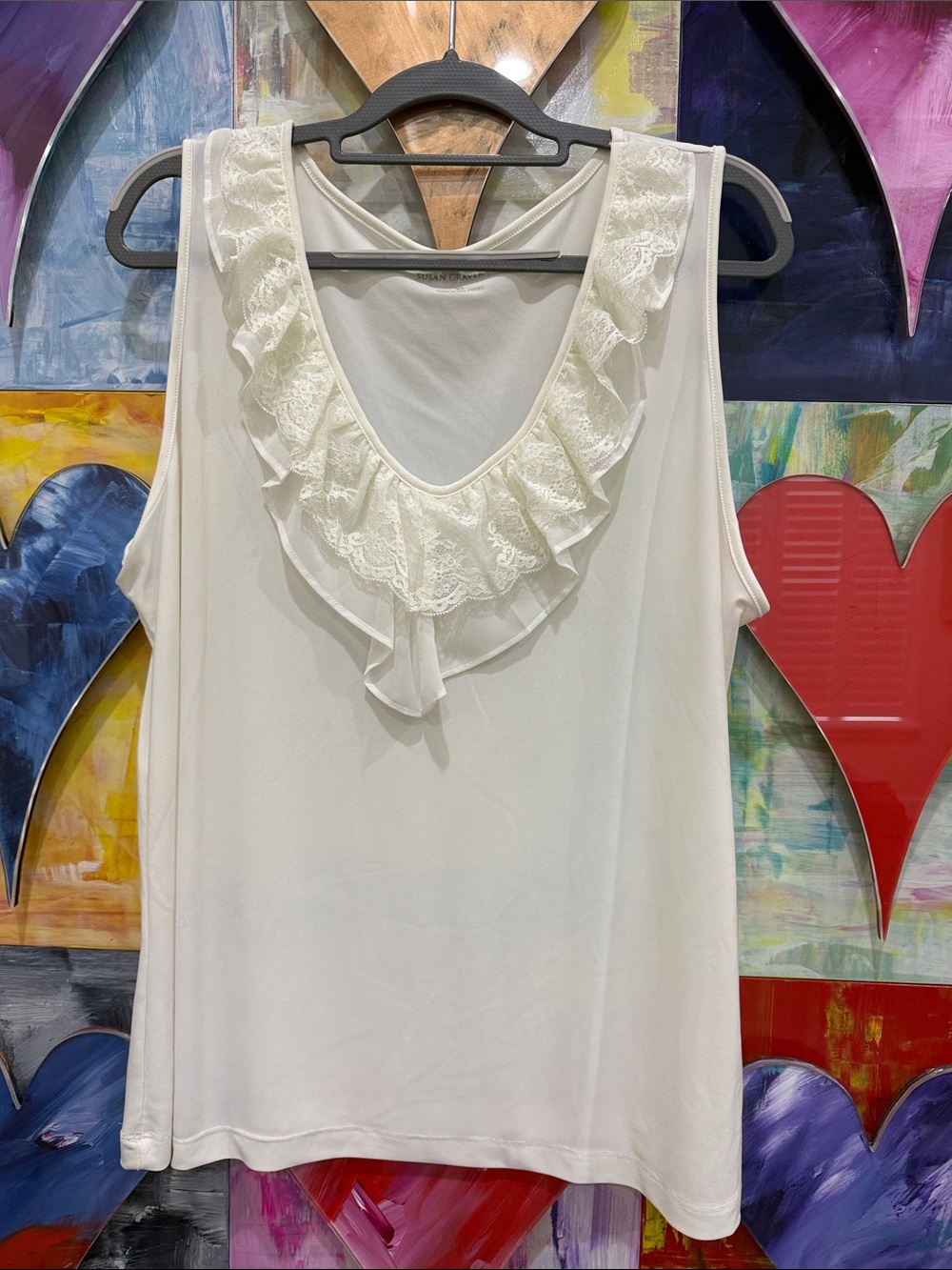 Susan Graver Sleeveless Ruffle Lace V-Neck Women's Top - Cream